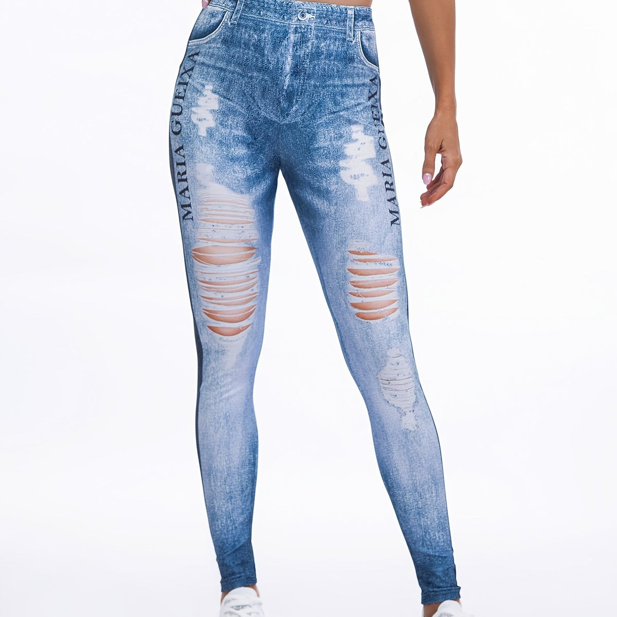 Floral Printed High Waist Leggings Faux Denim Yoga Pants