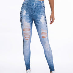 Floral Printed High Waist Leggings Faux Denim Yoga Pants