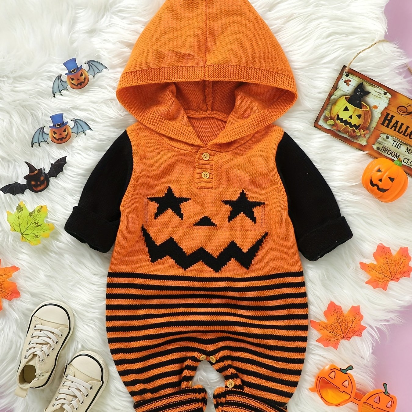 Baby Halloween Jacquard Knit Hooded Jumpsuit