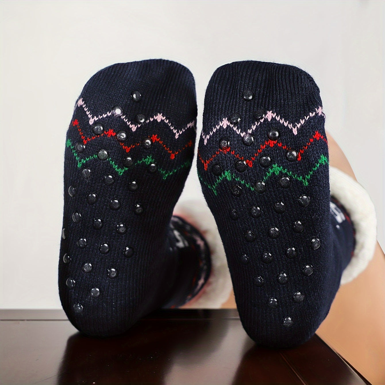 6 Pairs Christmas Print Plush Lined Socks Winter Warm Antiskid Floor Socks