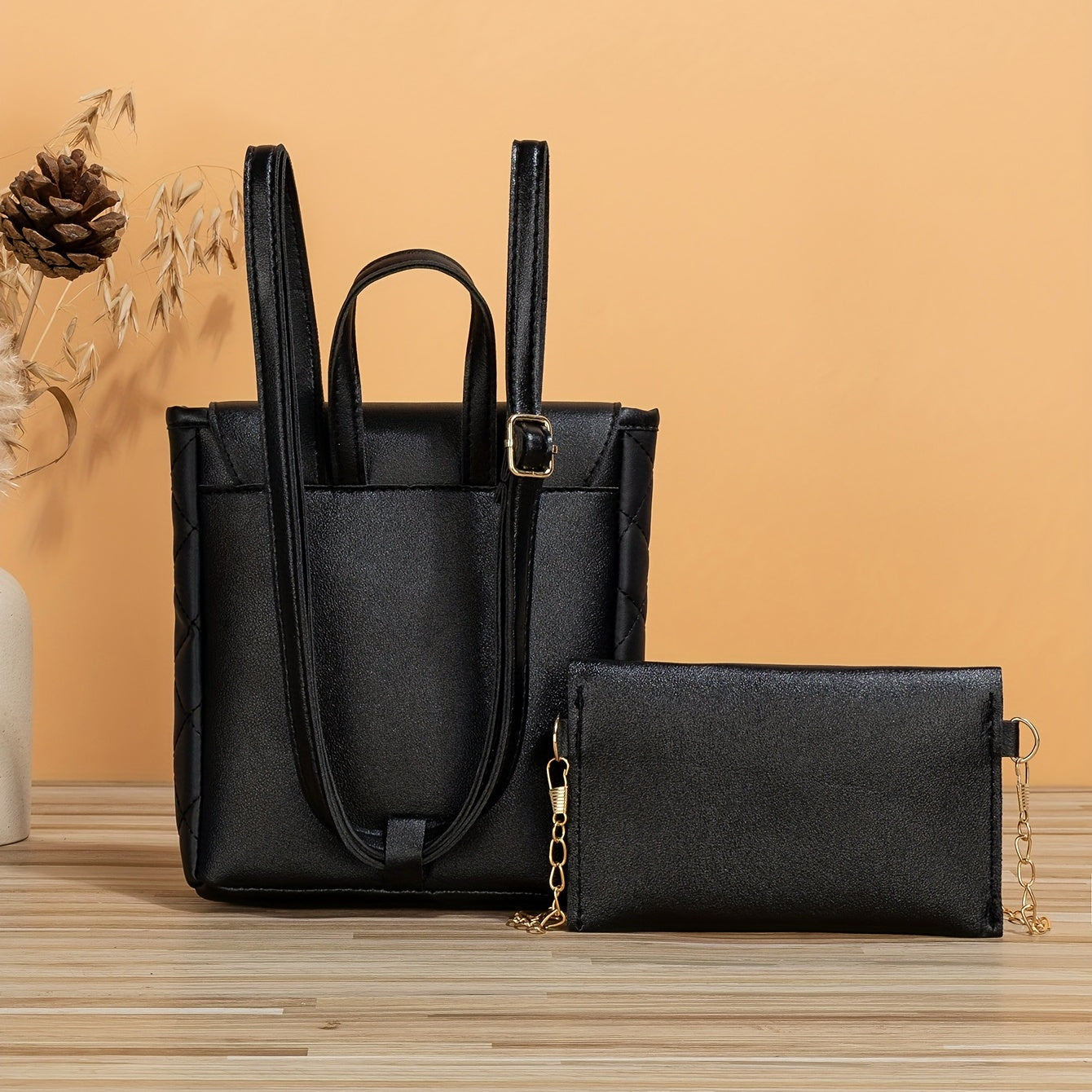 2 Pcs Solid Bag Sets Minimalist Backpack & Shoulder Chain Bag