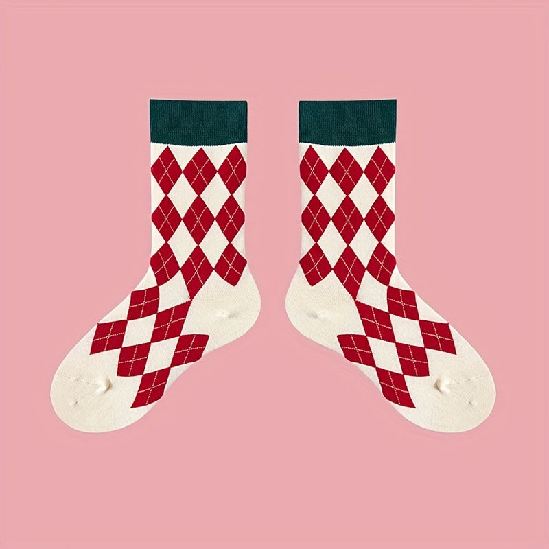 4 Pairs Plaid Colorblock Socks Soft Mid Tube Women Stockings