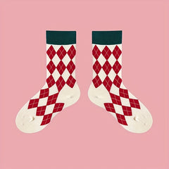 4 Pairs Plaid Colorblock Socks Soft Mid Tube Women Stockings