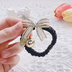 Golden Bead Rhinestone Bow Scrunchies Hair Ties Ponytail Holder