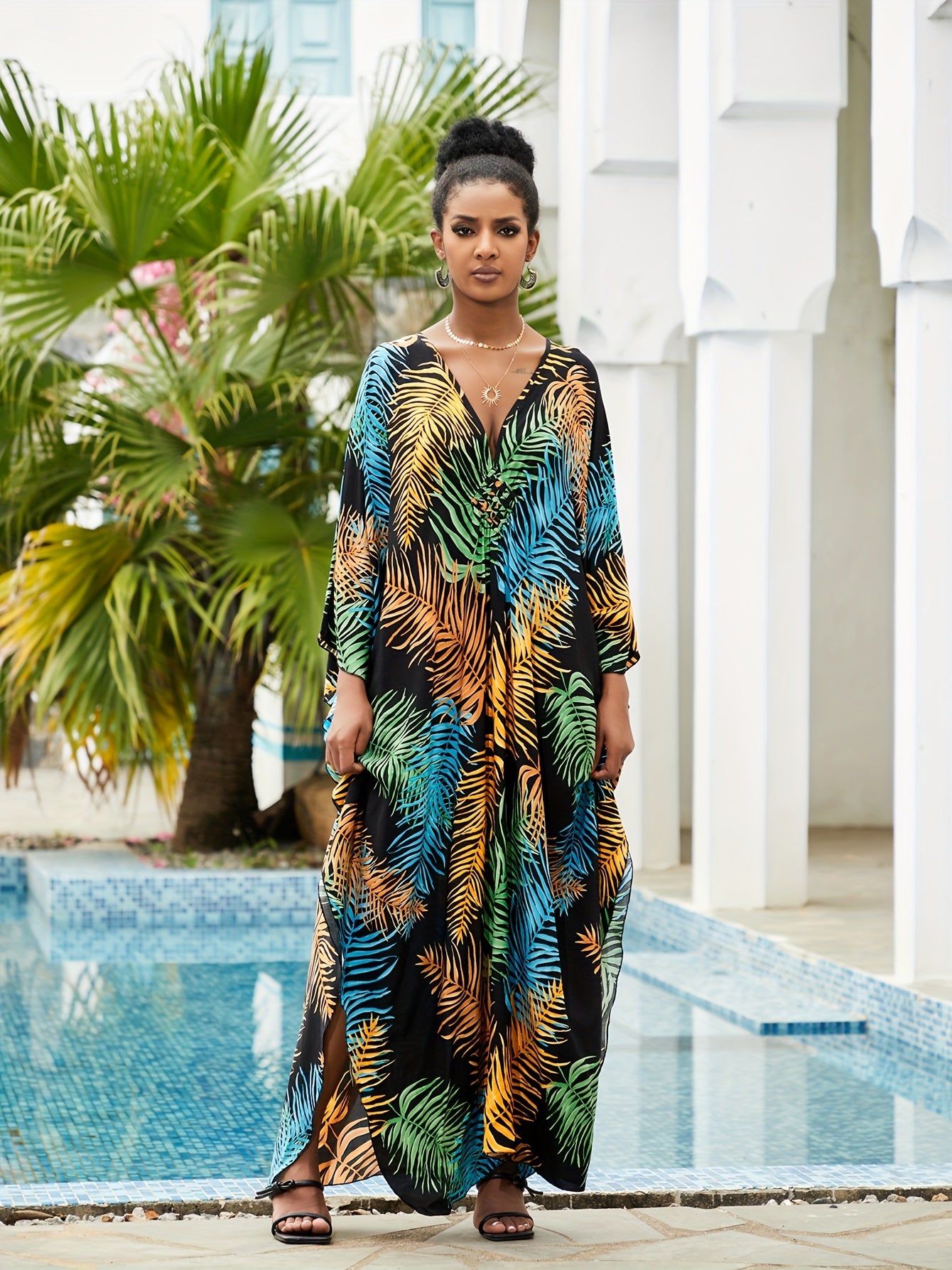  Boho Tropical Print Kaftan Dress V Neck Split Maxi Beach Dress