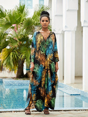  Boho Tropical Print Kaftan Dress V Neck Split Maxi Beach Dress