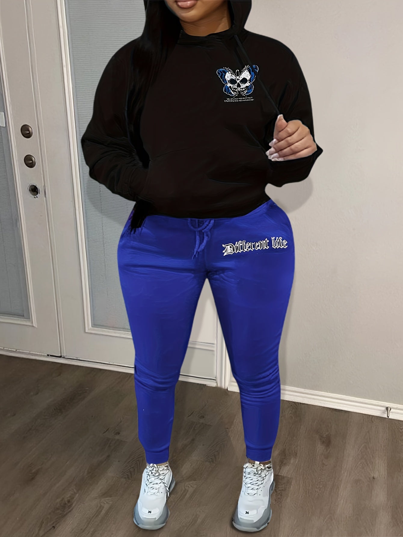  Goth Outfits Skull & Slogan Print Hoodie & Jogger Set