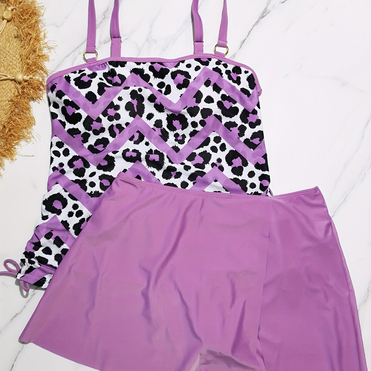 Leopard & Chevron Print Lace Up Side Tankini Set