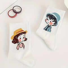 5 Pairs Cartoon Print Socks Women's Stockings Comfy & Mid Tube Hosiery