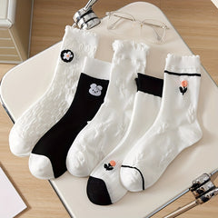 5 Pairs Floral & Bunny Print Socks Mid Tube Women's Stockings