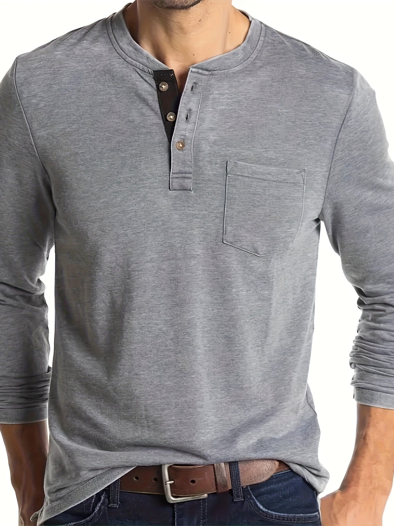Men's Solid Long Sleeve Button T-shirt for Autumn