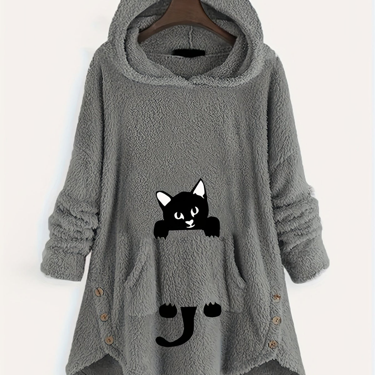 Cat Pattern Print Asymmetrical Loose Hoodies Casual Printed Long Sleeve Hoodies