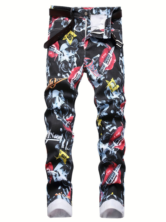 Skull Graffiti Cotton Jeans Mens Casual Street Style All-Over Print Denim Pants