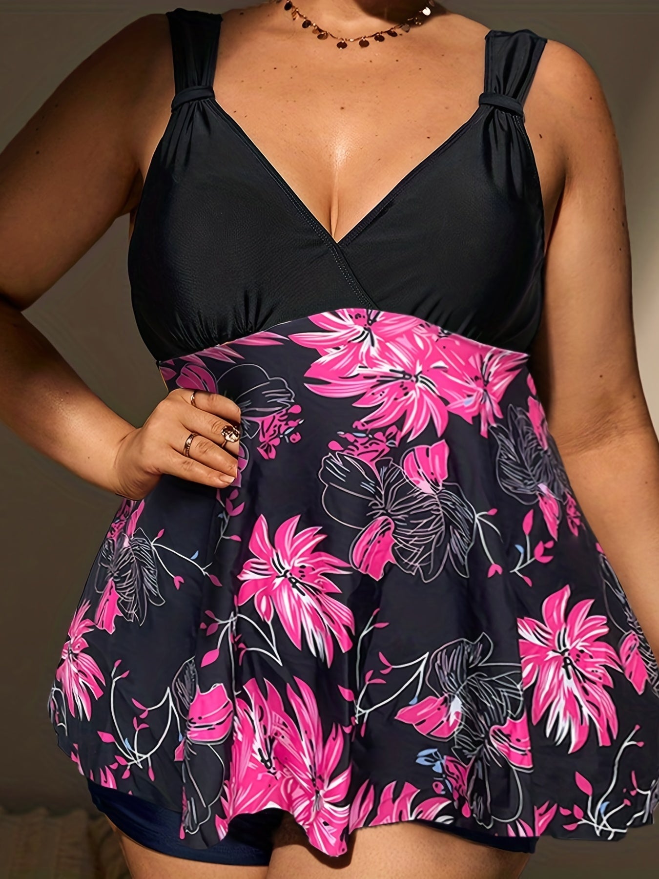  Vacay Tankini Set Women's Plus Tropical Print Ruched Top & Shorts