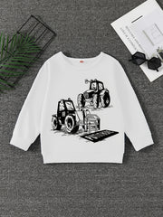 Excavator Print Boys Casual Pullover Sweatshirt Long Sleeve Crew Neck Tops