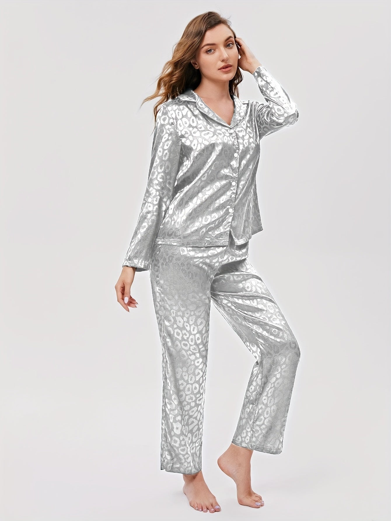 Leopard Print Pajama Set Long Sleeve Top & Pants