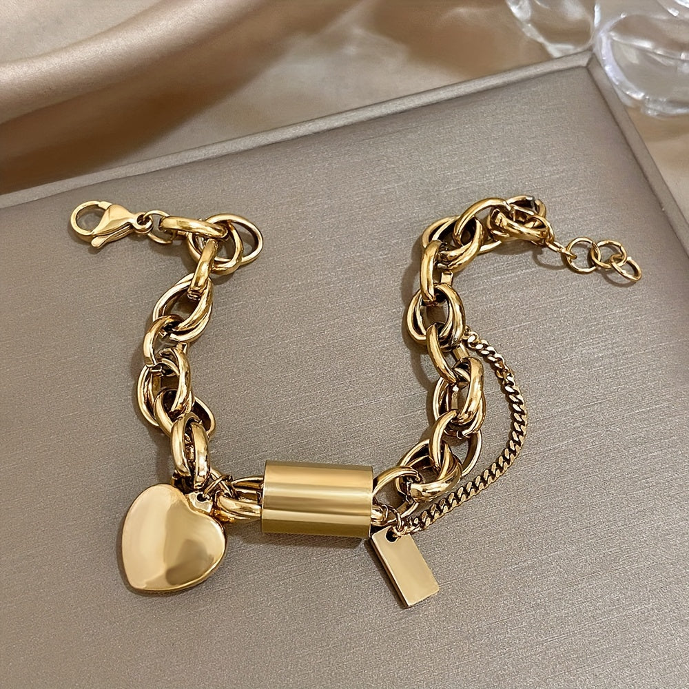 Punk Chunky Chain Stainless Steel Bracelet Heart Pendant