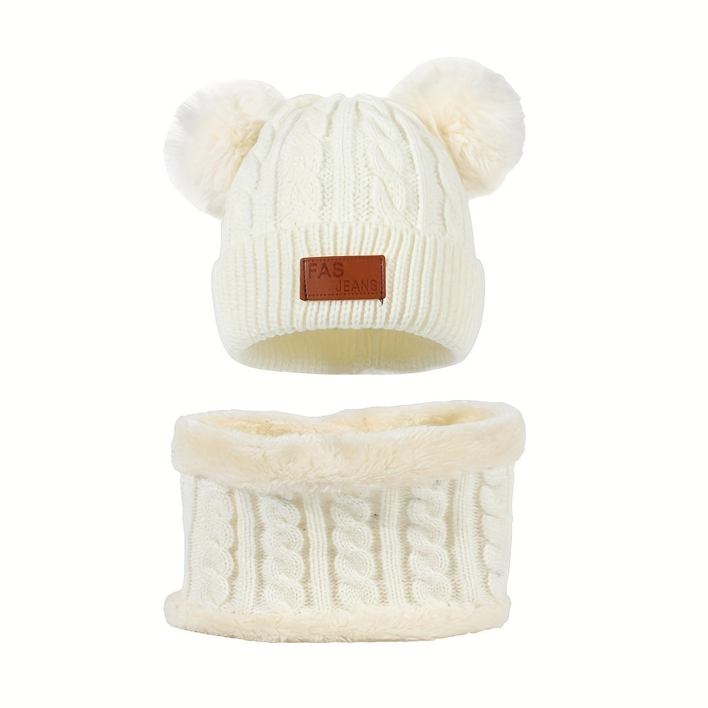 Toddler Winter Pompom Knit Cap Mittens Neck Warmer Set