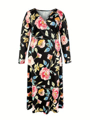 Floral Print Maxi Dress Long Sleeve Surplice Neck Plus Size