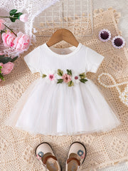 Floral Embroidery Short Sleeve Mesh Dress for Baby Girl