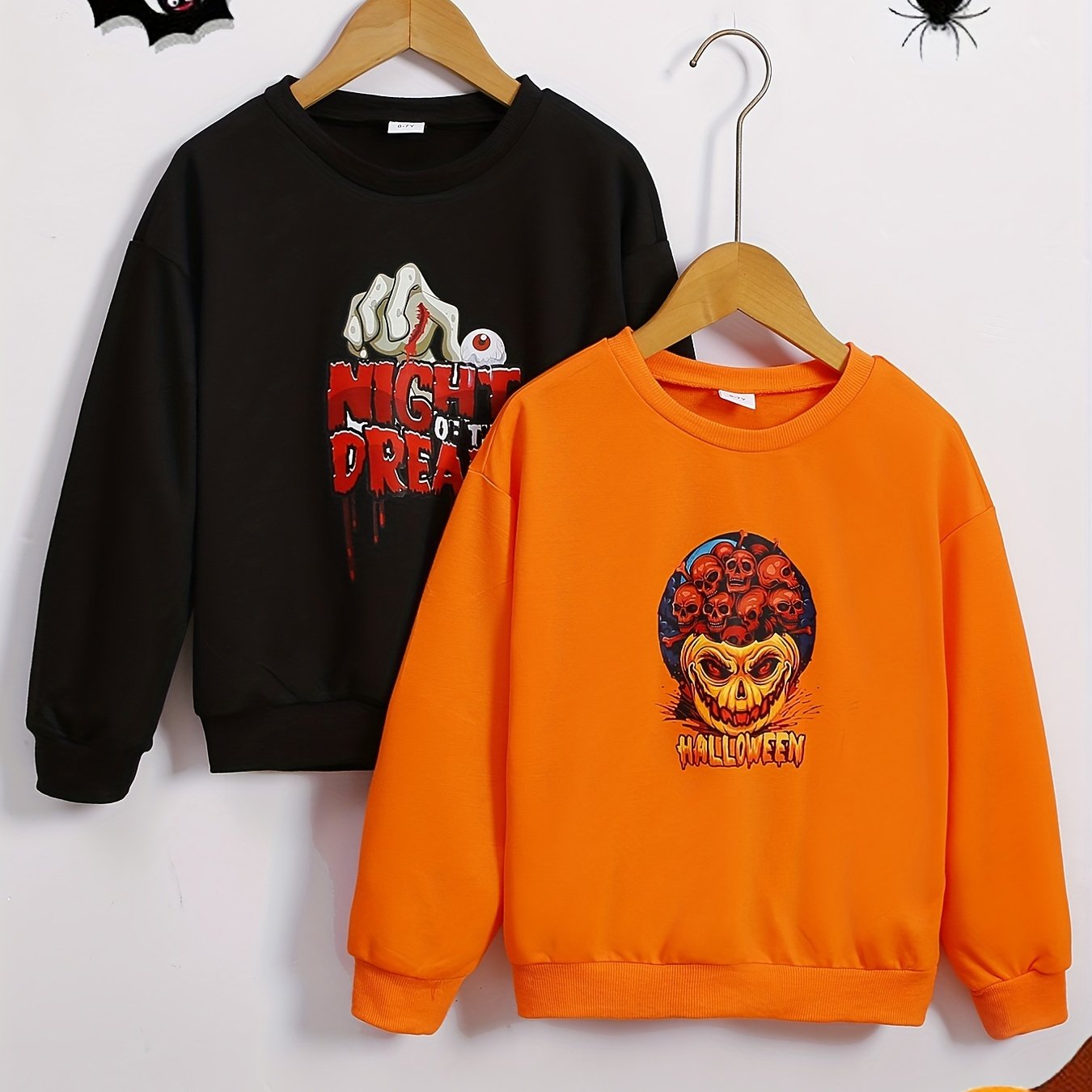 2 Boys Halloween Skull & Scary Print Sweatshirt Crew Neck Tops Outdoor