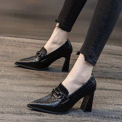 Women's Croc Print Court Pumps Buckle Decor Slip On Chunky Heels