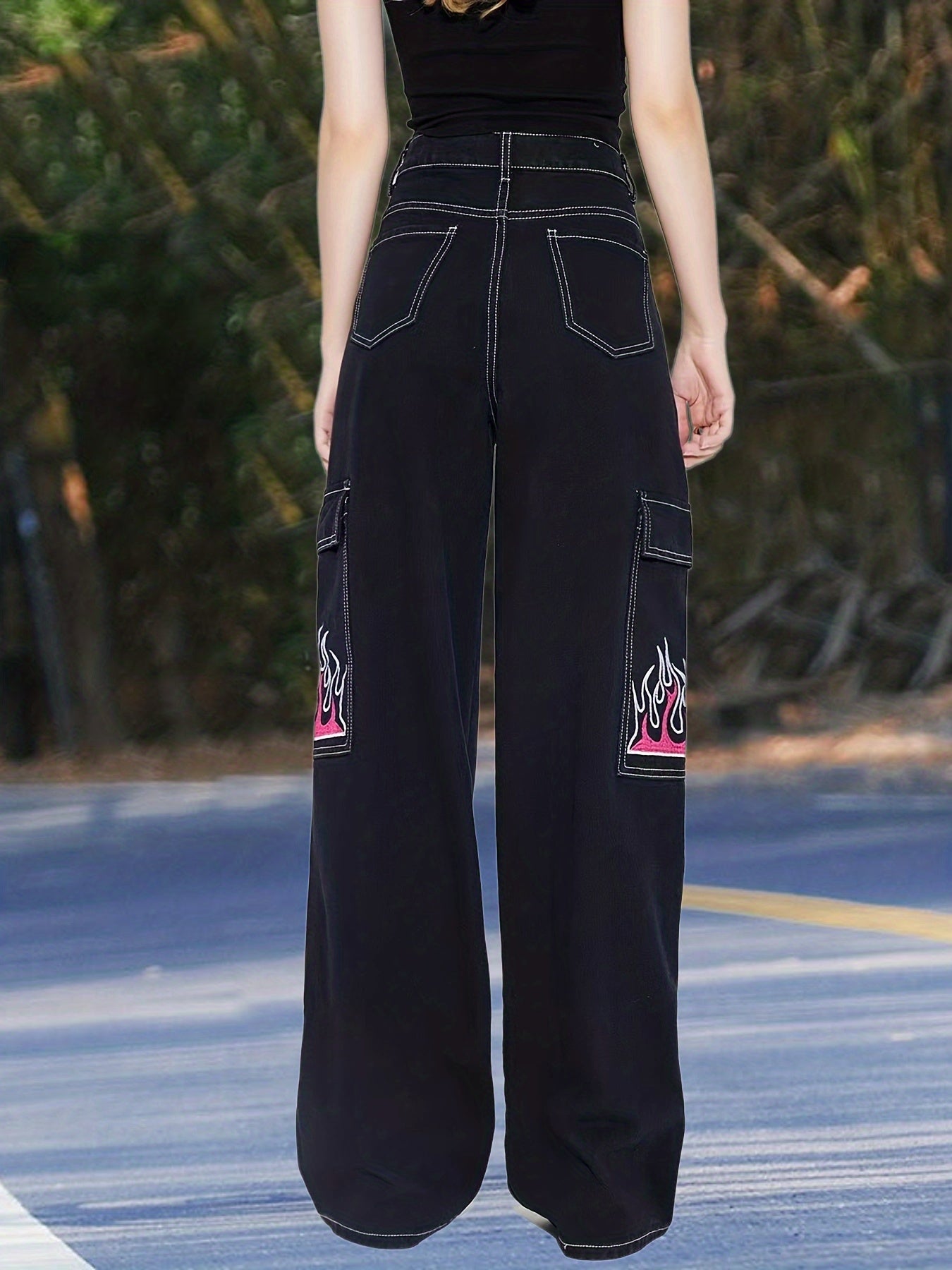 Fire Print Loose Fit Straight Jeans High Waist Non Stretch High Rise Streetwear