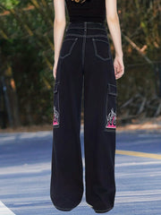 Fire Print Loose Fit Straight Jeans High Waist Non Stretch High Rise Streetwear