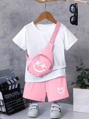 3pcs Boys Happy Face Print T shirt & Shorts & Bag Summer Clothes Sets