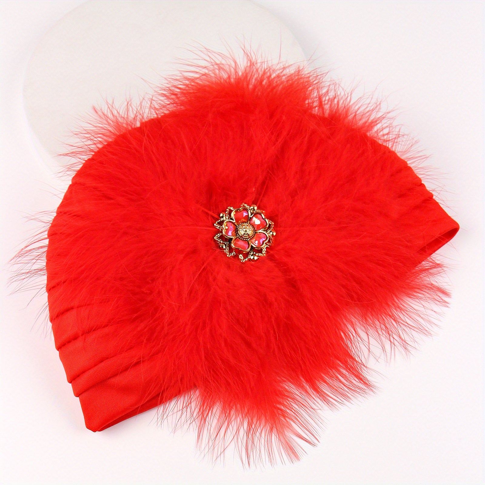 Faux Pearl Feather Turban Cap Bright Beanie Women Elastic Head Wrap