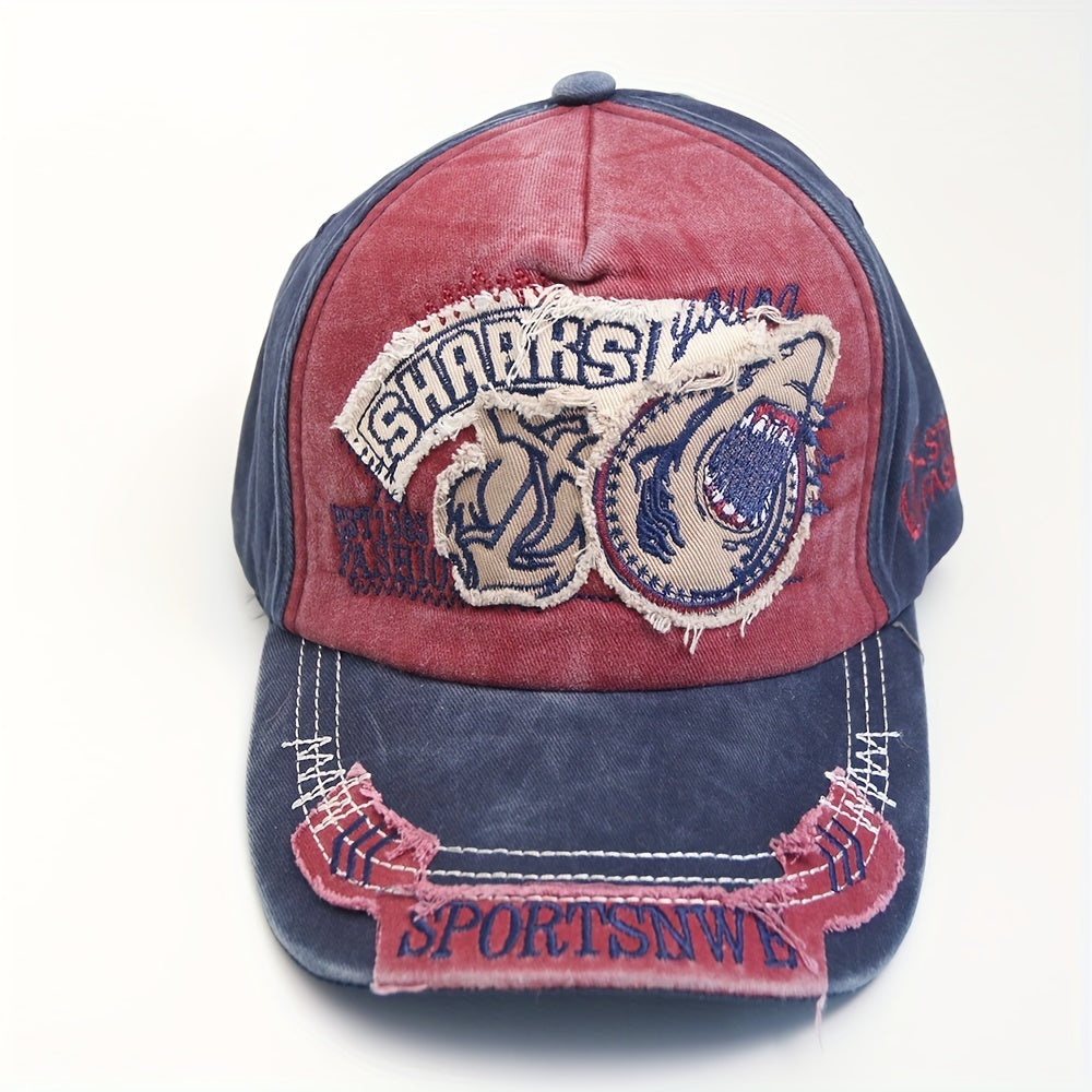 Vintage Washed Embroidery Shark Letter Baseball Cap Men's Sun Visor