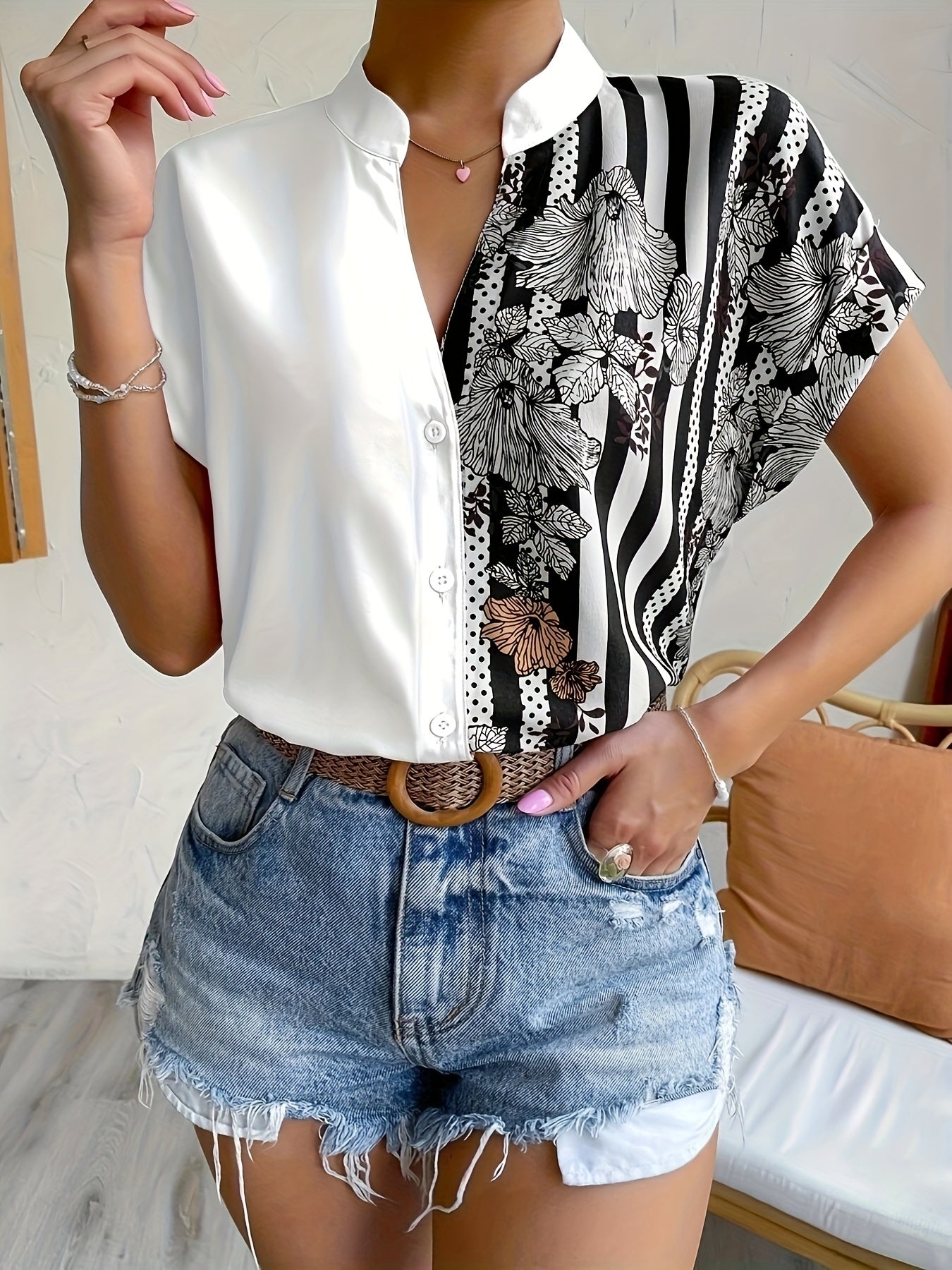  Colorblock Floral Print Blouse