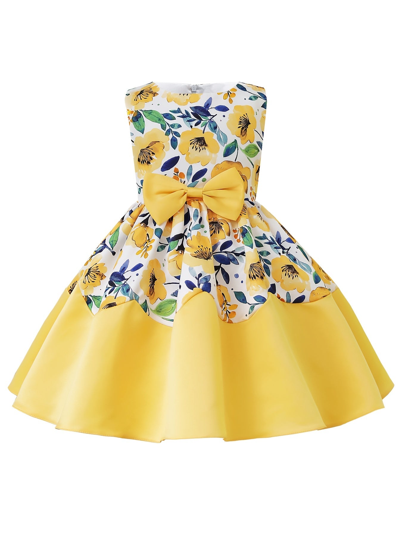 Girls Elegant Floral Print Sleeveless Dress with Bow