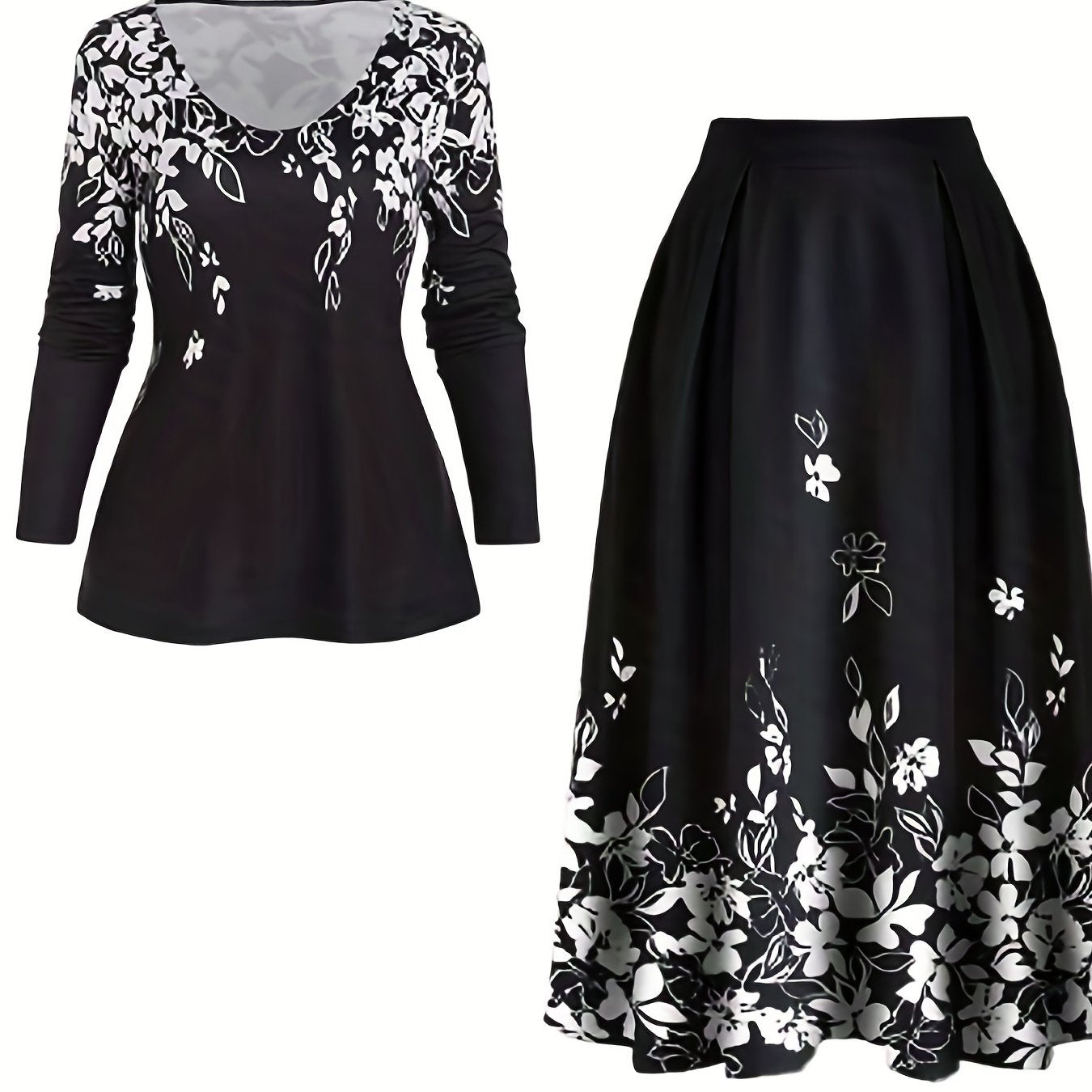  Floral Print Long Sleeve V Neck Top & Skirt 2 Piece Set