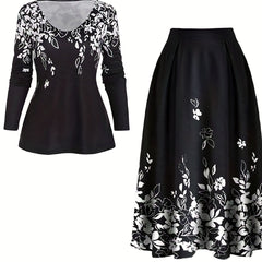  Floral Print Long Sleeve V Neck Top & Skirt 2 Piece Set