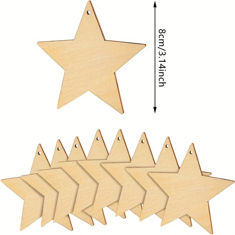 10pcs Wooden Star Ornaments with Hole & Rope DIY Crafts Decoration