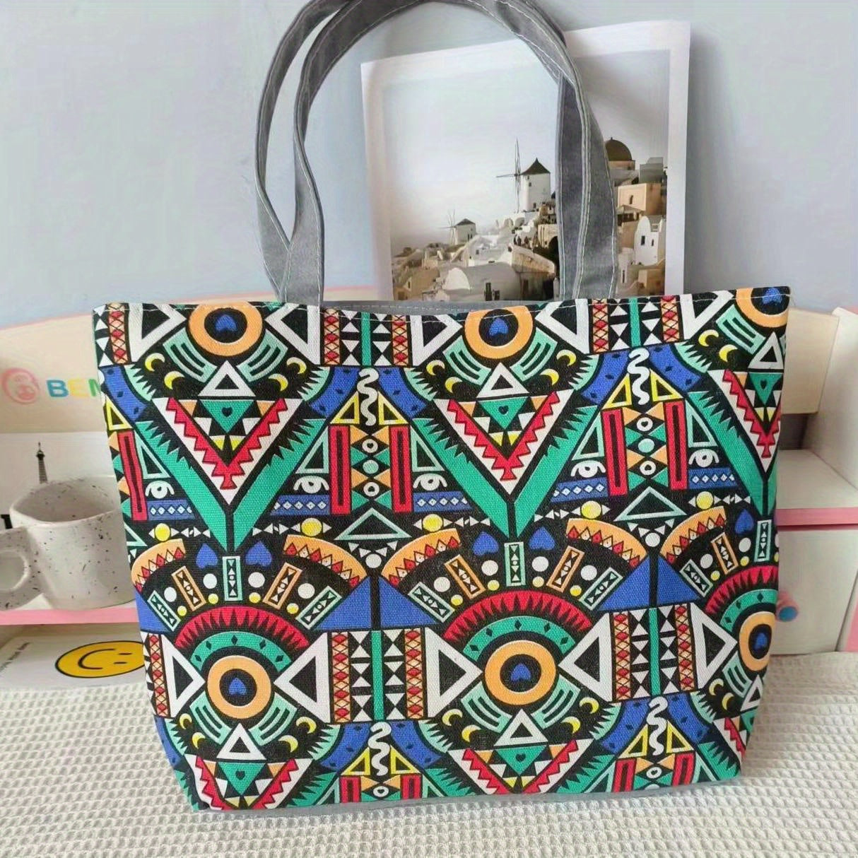 Canvas Vintage Geometric Pattern Tote Bag Large Capacity Shoulder Bag