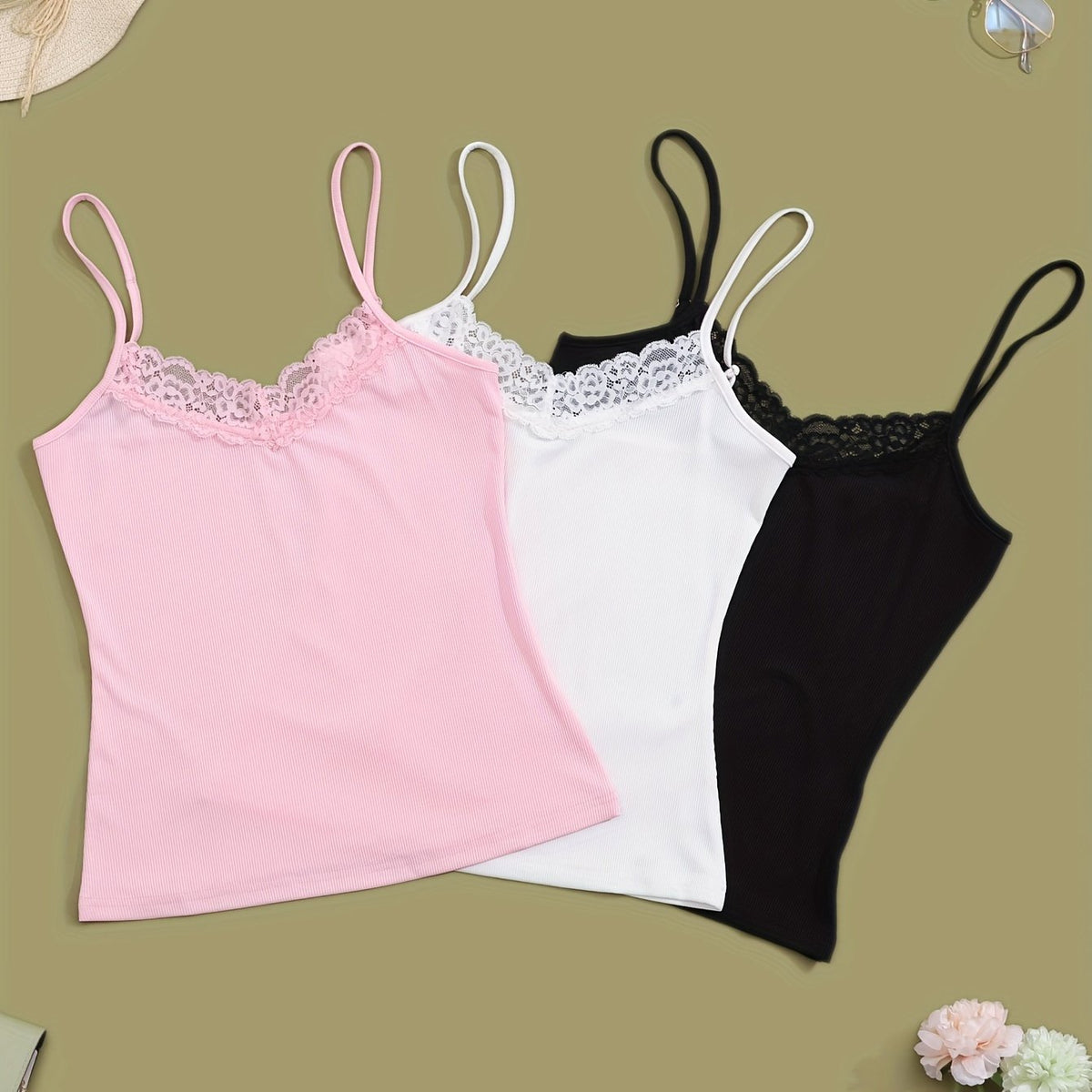 3pcs Lace V Neck Cami Top Lounge Tops