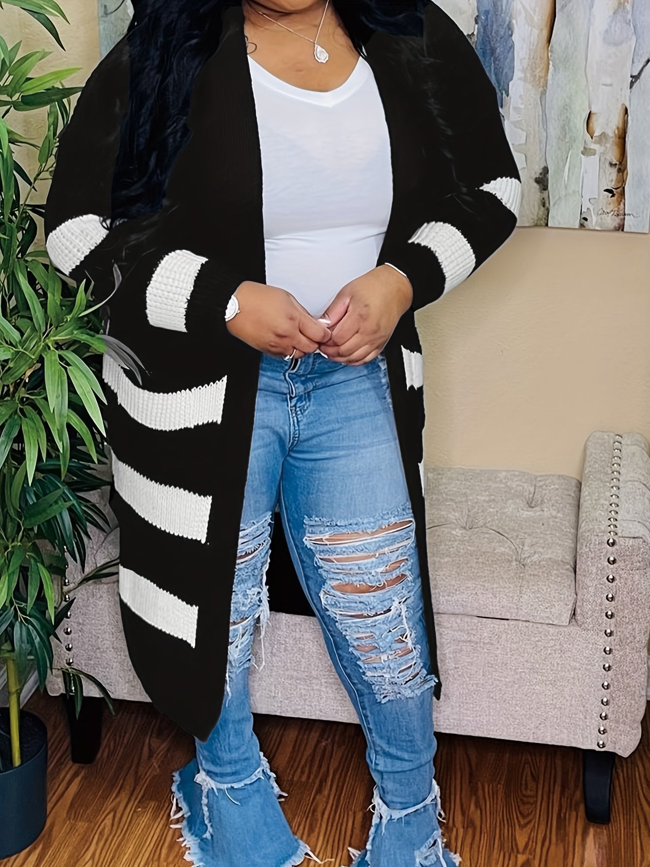  Colorblock Stripe Long Sleeve Cardigan