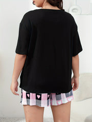  Heart & Slogan Print Pajama Set: T-shirt & Plaid Shorts