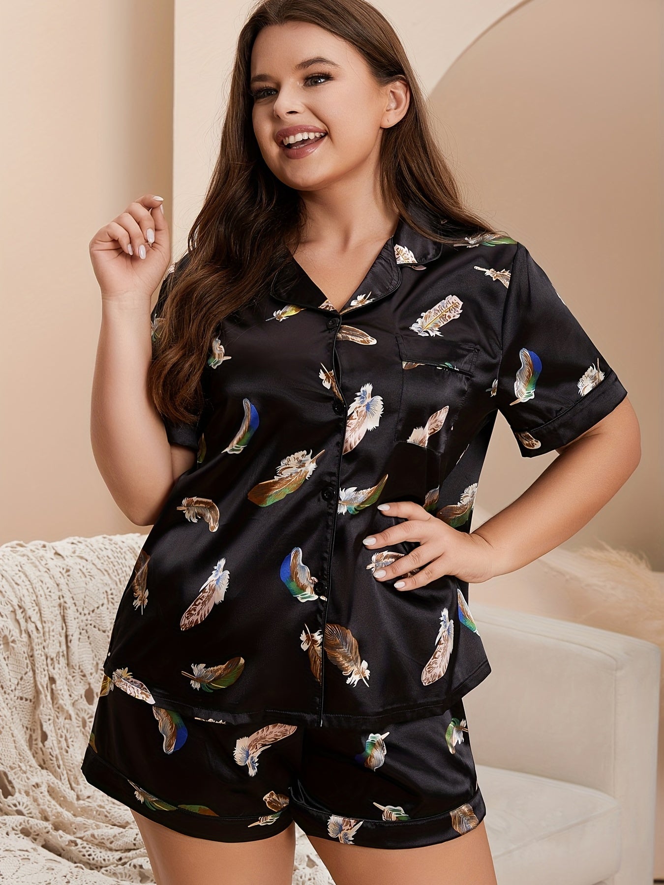 Satin Feather Print Pajama Set