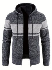 Knitted Block Hooded Sherpa Lined Cardigan Casual Zip Up Jacket