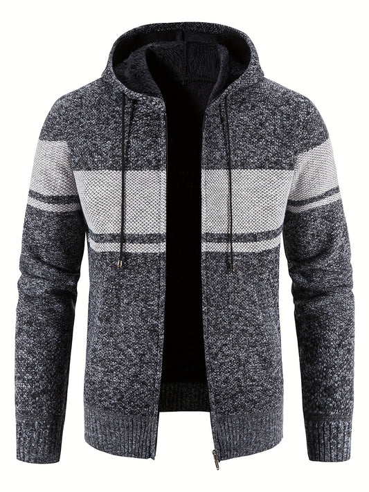 Men's Warm Block Fleece Hooded Jacket Zip Up Cardigan