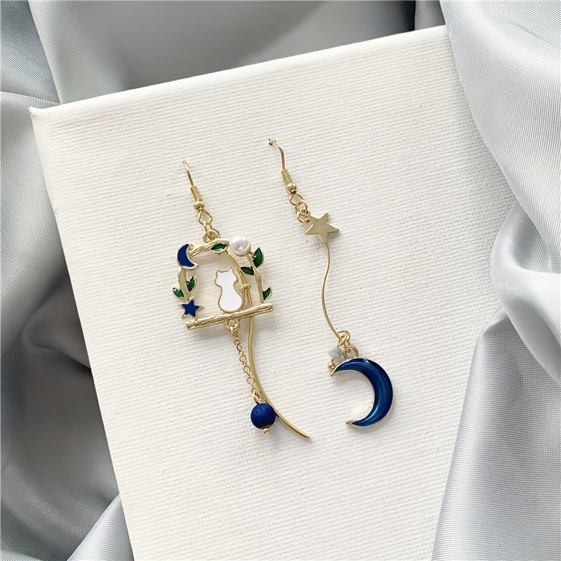 Kitten Moon Star Leaf Tassel Earrings