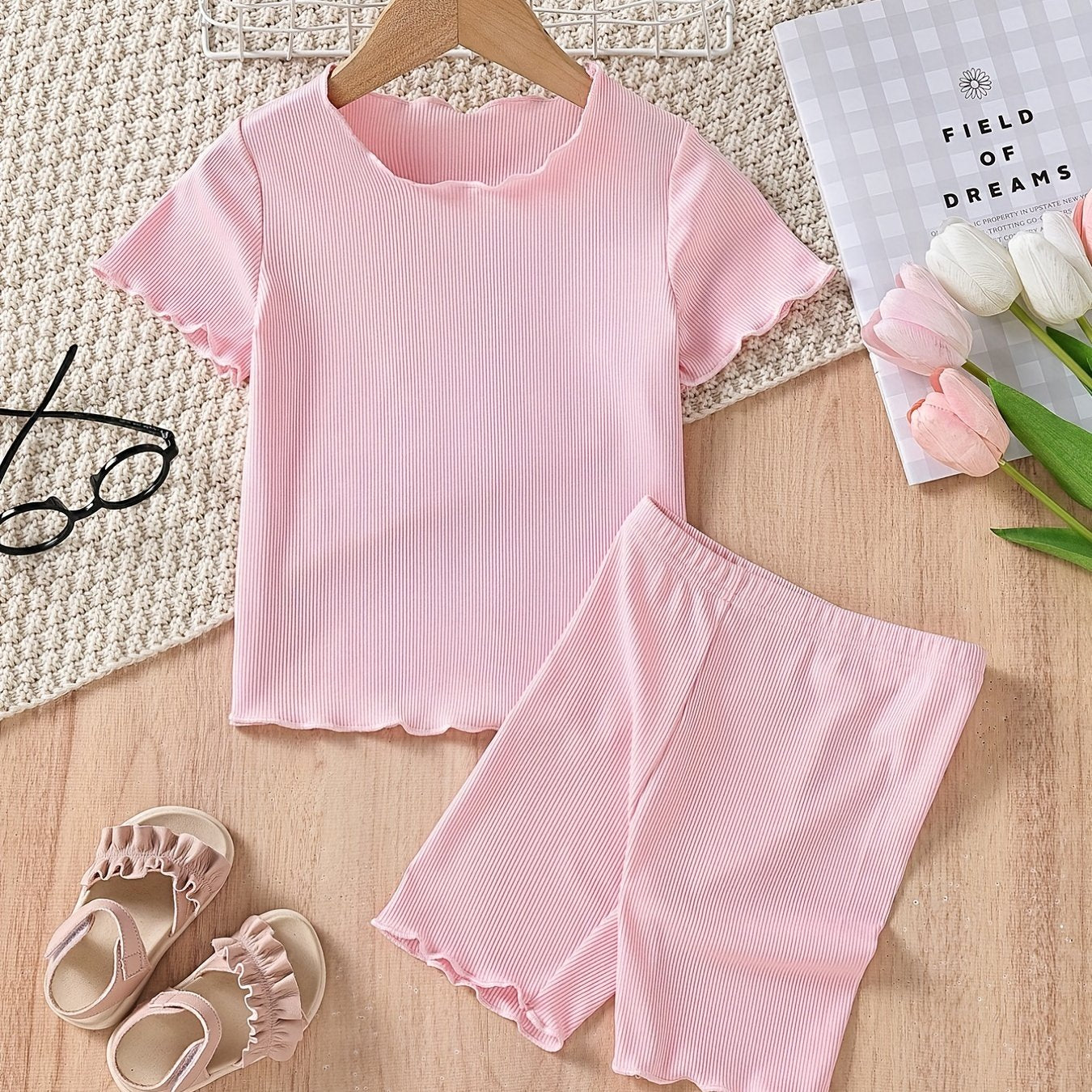 Girls Solid Bustier Round Neck Short Sleeve Pullover & Solid Shorts