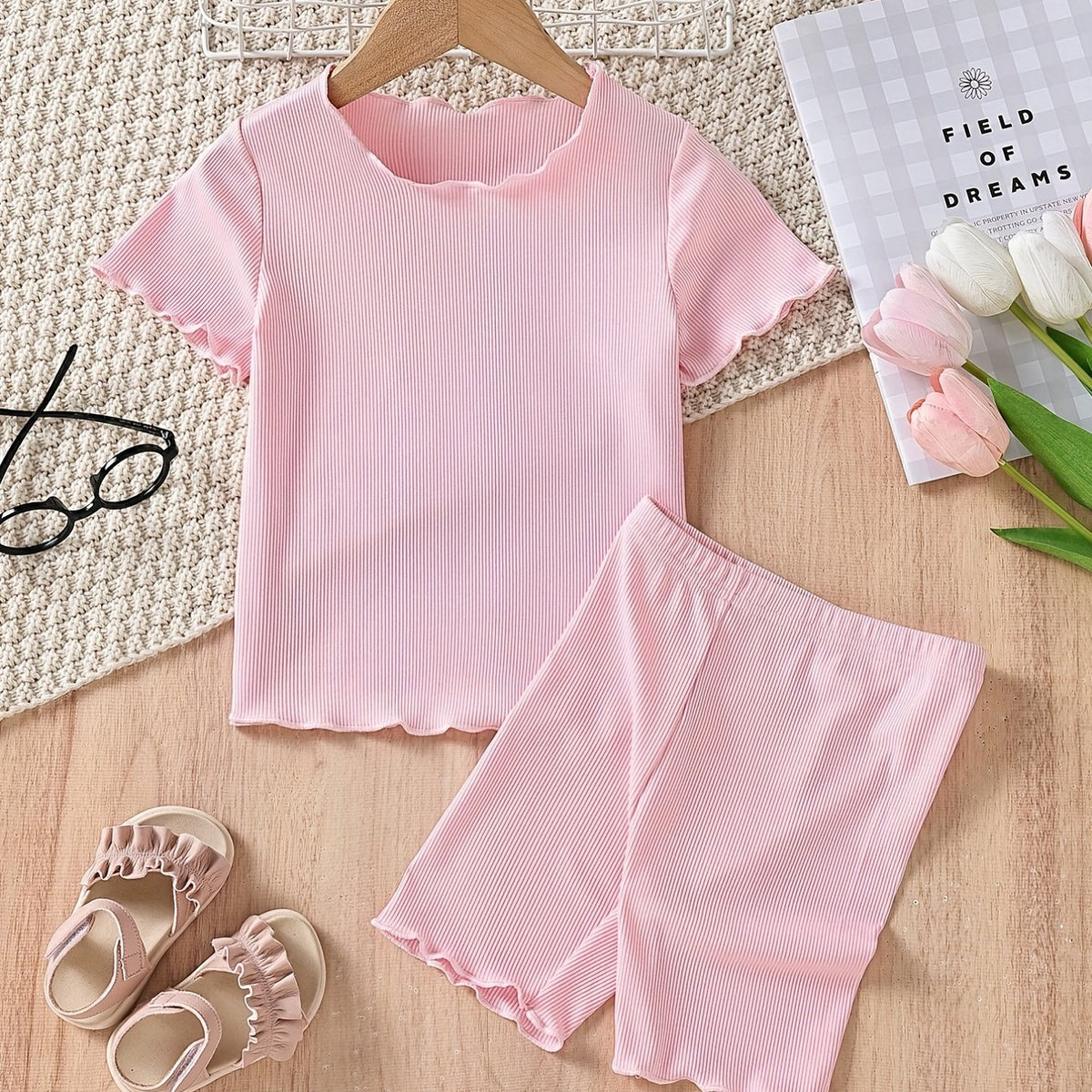 Girls Solid Bustier Round Neck Short Sleeve Pullover & Solid Shorts