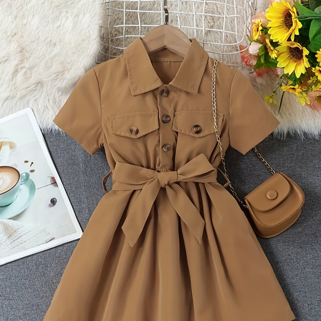 Girls' Button Down Belted Dress Kids Clothing