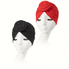 2pcs Twist Knot Turban Cap Elastic Head Wraps Solid Pleated Hijab Hat