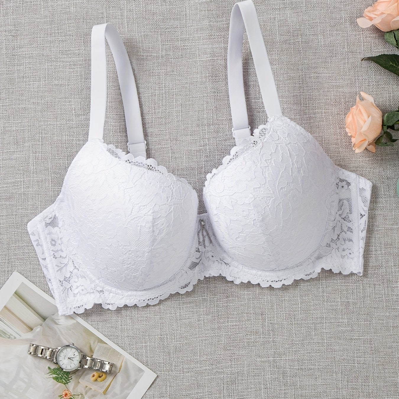  Bra Women's Plus Floral Lace Tassel Molded Cup Full Cover Comfort Bra