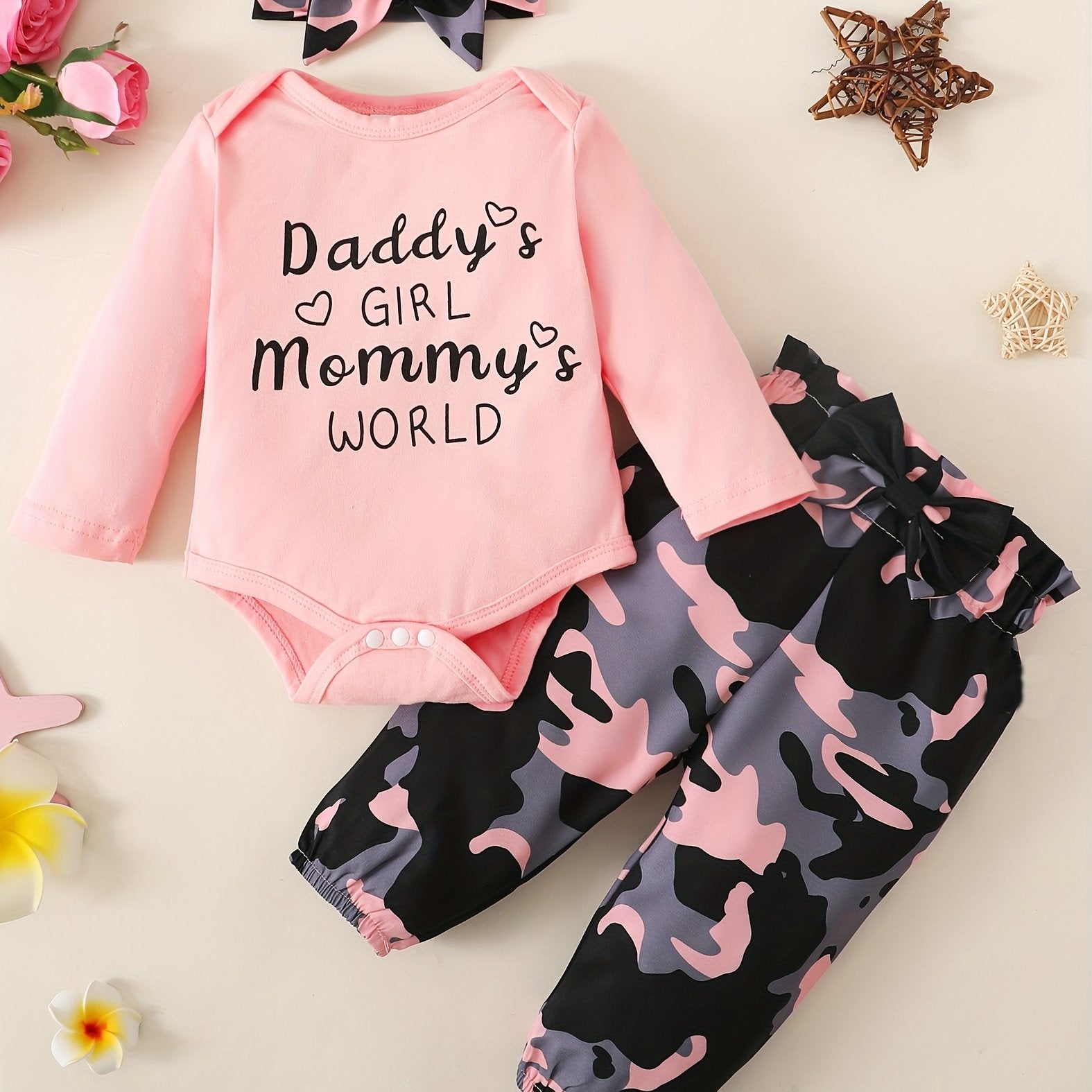 Infant Outift Long Sleeve Romper & Floral Pant & Headband 3pcs Set